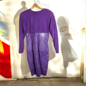 Vintage 1980s Purple Leather and Suede Dress Vakko NY USA sz 10 Neiman Marcus